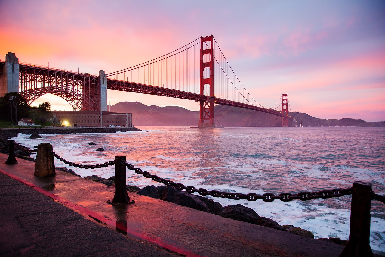 architecture, golden gate bridge, san francisco, nature, suspension bridge, bay, san francisco bay, sunset, dusk, twilight, bridge, buildings, landmark, ocean, sea, water, waves
